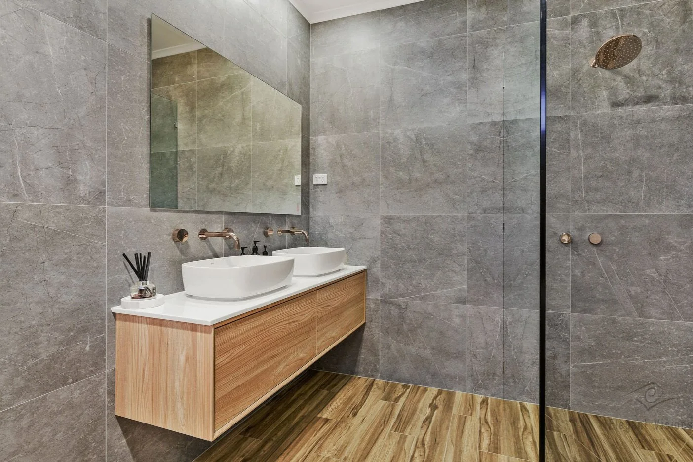  George Knox House - Exquisite bathroom design with floor to ceiling tiles and floating double vanity.   