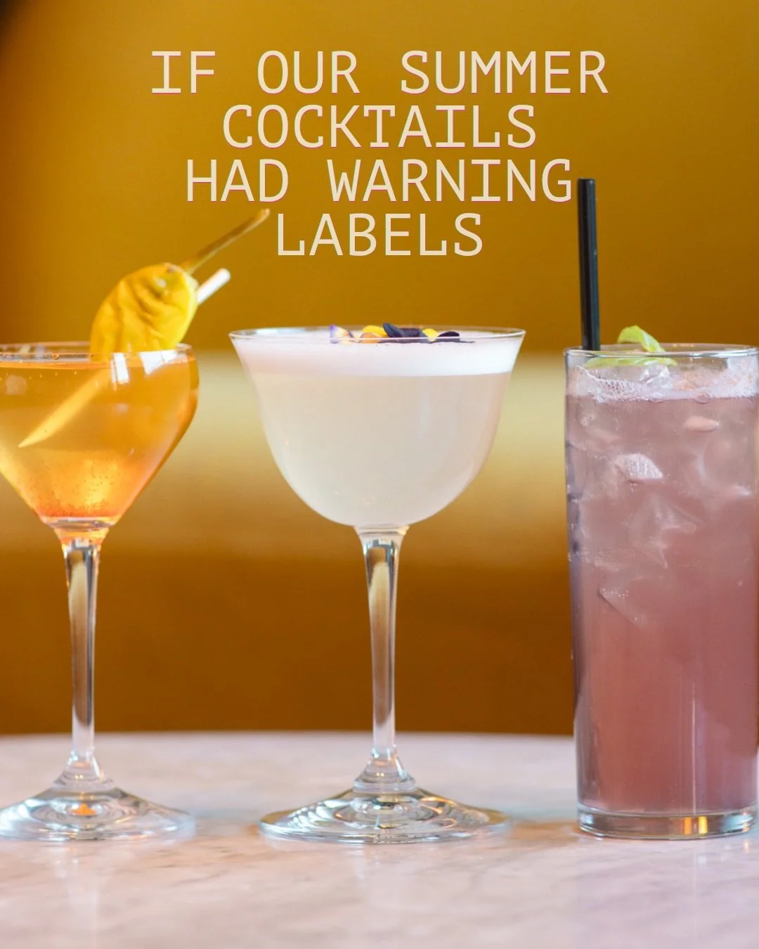 our summer cocktails &amp; their warning labels 🌺🍒🍋🍌🍓🥀🌸🍋&zwj;🟩✨