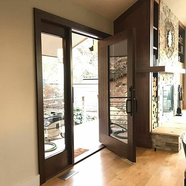 Resharing this custom pivot entry door made by and design collaboration with @loudwoodwork
We rolled with the asymmetrical elements of the home and included the sidelite, all in thermo-ash. 
#moderndoors #ashevillehomes #ashevilleinteriordesign #cust