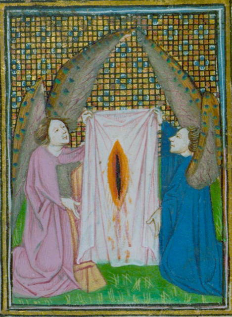 Bleeding wound on Cloth held by two kneeling angels, Book of Hours (Cistercian) Manuscript W. 218, fol. 28, 1440, Walters Art Museum, Baltimore, Maryland.