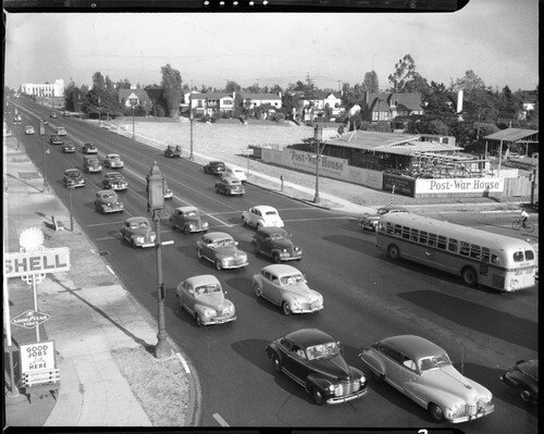3. The Fritz Burns “Post-War House” and traffic, Wilshire and Highland, Los Angeles. 1945