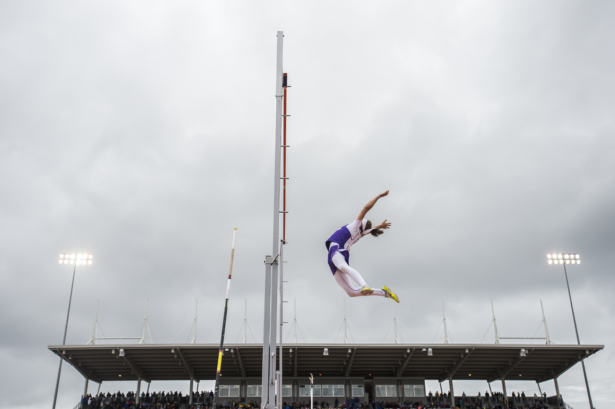  Columbia River's Levi Williams clears the bar during the 2A Boys Pole Vault at the WIAA state track meet at Mount Tahoma High School in Tacoma on Friday, May 24, 2019. 
