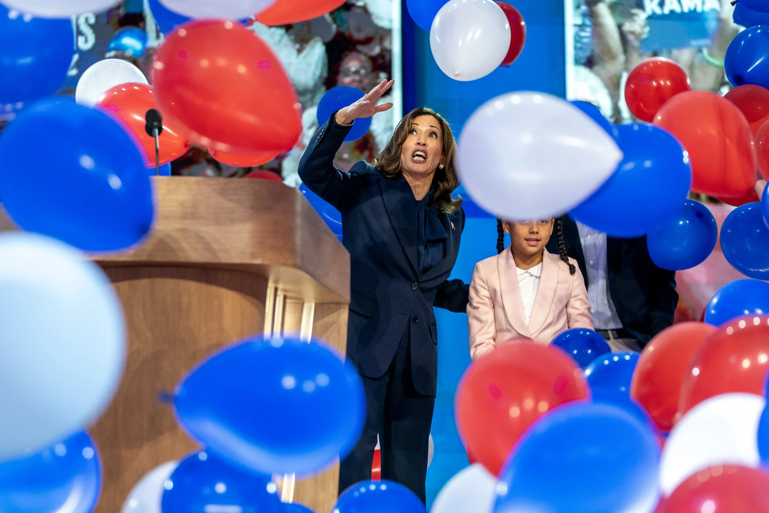 U.S. Vice President Kamala Harris reacts to a ballon drop following her acceptance of the official Democratic presidential nomination  during the 2024 Democratic National Convention held at the United Center in Chicago, Illinois on August 22, 2024. 