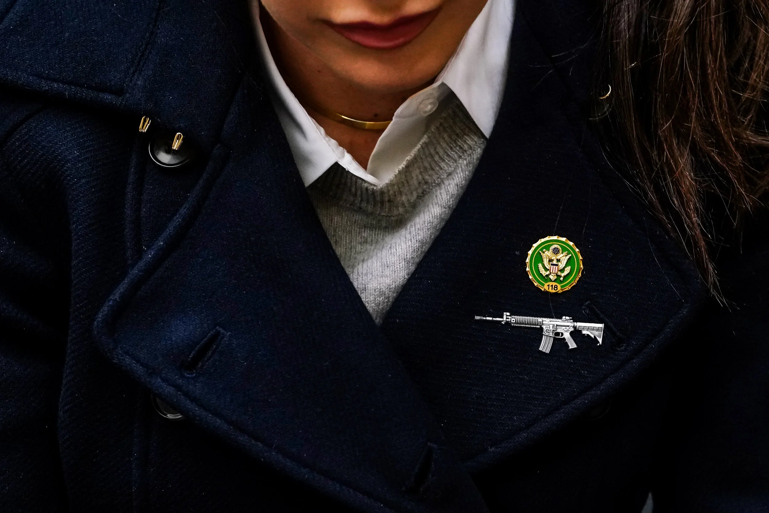  Representative Anna Paulina Luna, a Republican from Florida, wears a firearm pin during a House Oversight and Accountability Committee hearing in Washington, D.C., U.S, on Wednesday, Feb. 1, 2023.  