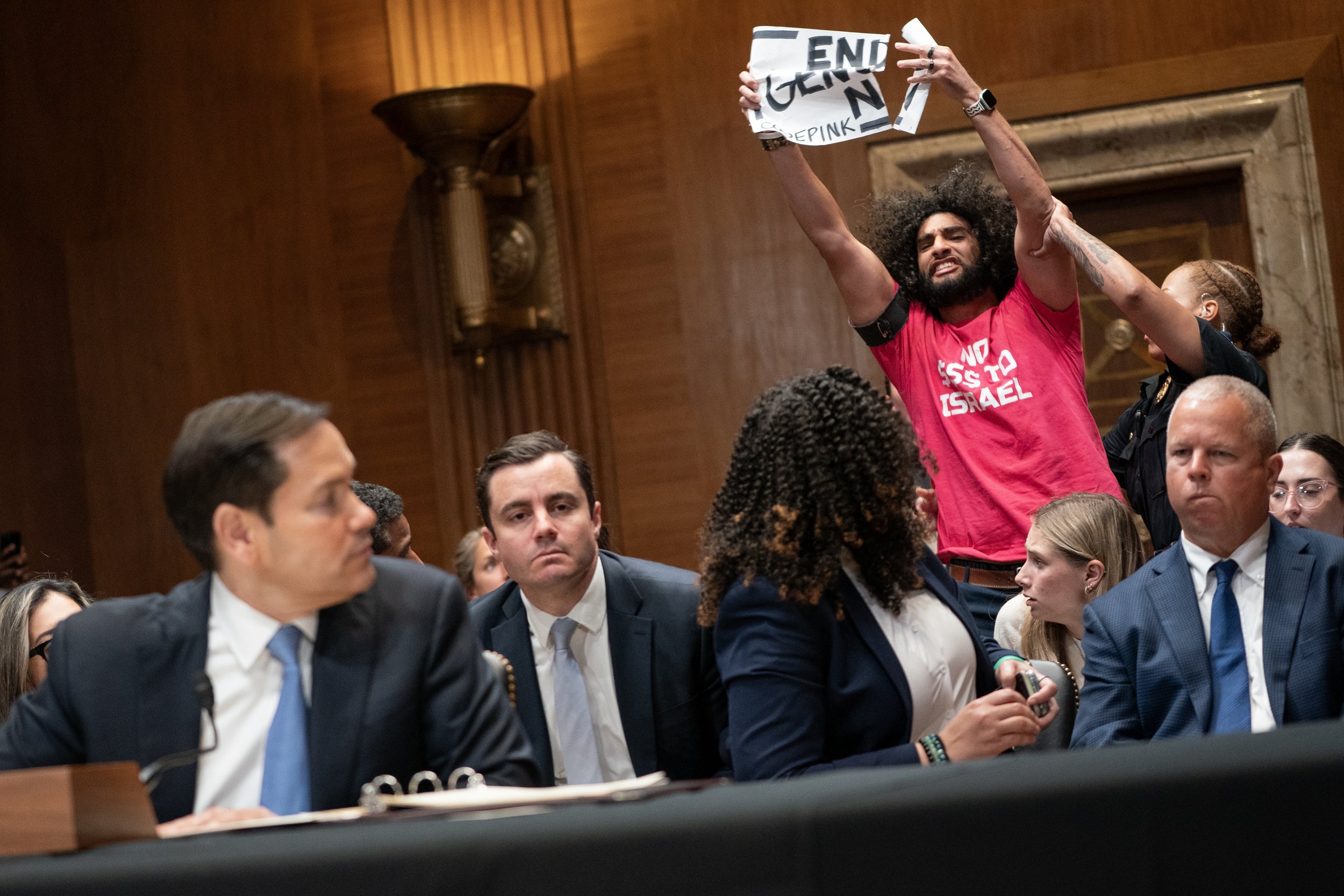  A protester disrupts Marco Rubio, US secretary of state, during a Senate Appropriations Subcommittee on State, Foreign Operations, and Related Programs hearing in Washington, D.C., U.S., on Tuesday, May 20, 2025.  