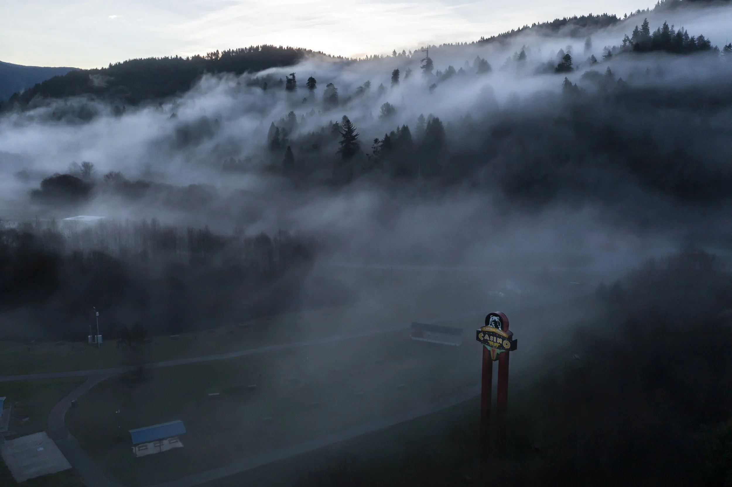  The town of Klamath, home of the tribal headquarters for the Yurok Tribe, dots the side of U.S. Highway 101 at sunrise on Friday, Jan. 21, 2022, in Klamath, Calif. The Yurok Tribe issued an emergency declaration in February 2022 in response to the f