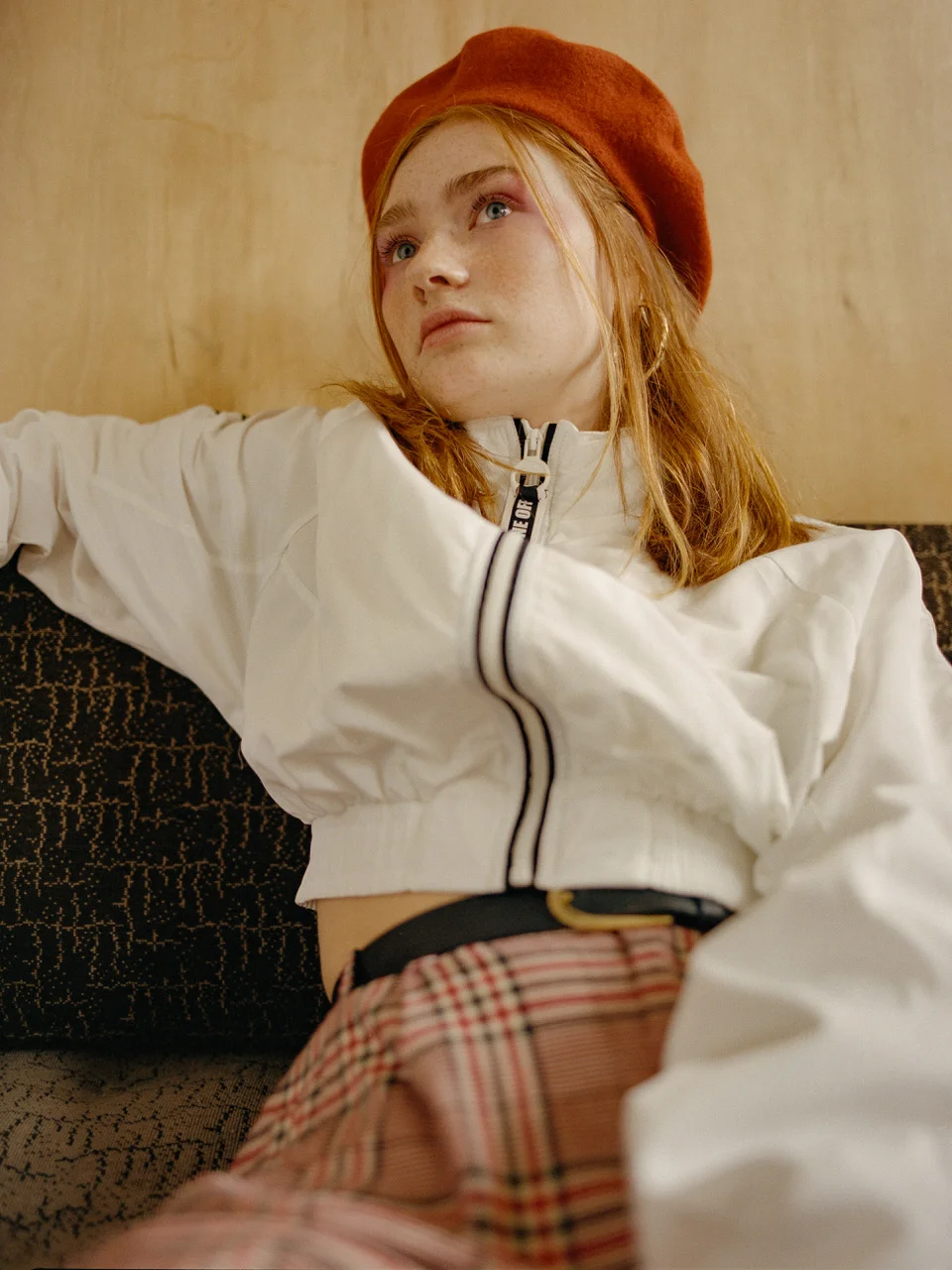 BERSHKA jacket; URBAN OUTFITTERS trousers; MODEL'S OWN belt, earrings; TOPSHOP beret