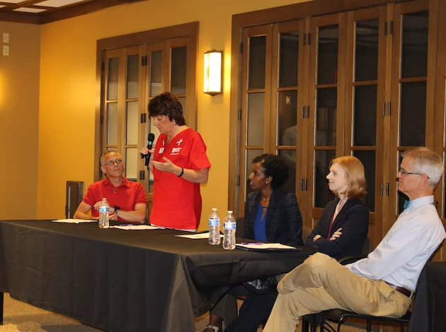 Town hall panelists (from left to right): Tim Stanley, senior director of public affairs, Planned Parenthood of Minnesota, North Dakota and South Dakota; Rose Roach, executive director, Minnesota Nurses Association; Amira Adawe, legislative liaison, Minnesota Department of Health; Dr. Lindsey Yock, pediatric hospitalist and adjunct attorney, Children’s Hospitals and Clinics of Minnesota; DFL state Sen. John Marty, of St. Paul