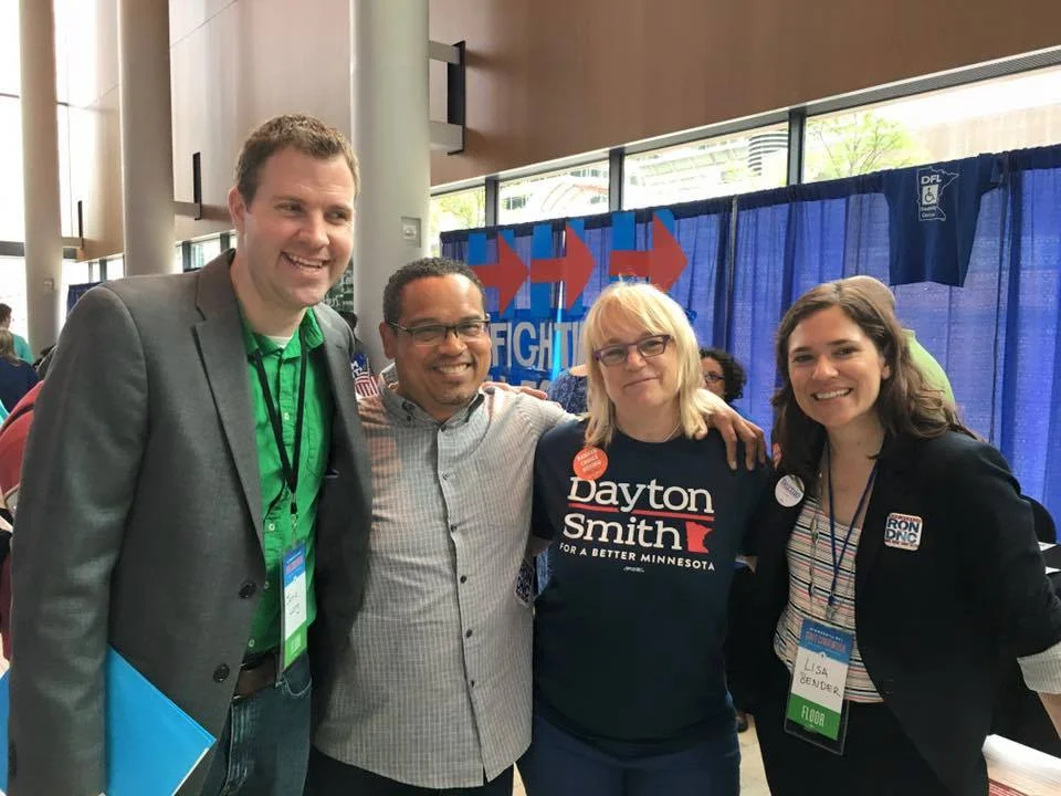 Jamie with Congressman Keith Ellison, former Senate District chair Roann Cramer, and City Councilmember Lisa Bender at the 2016 DFL state convention.