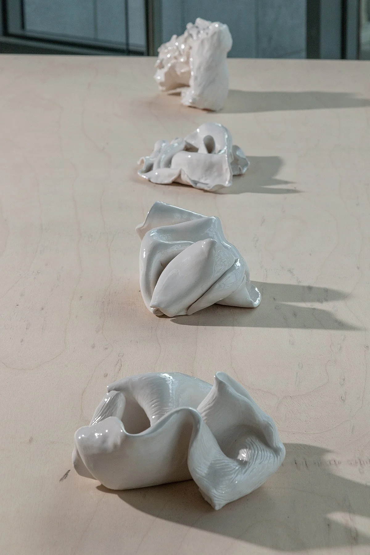 'Anáil (Breath)', Glazed porcelain hand built. Installation shot from solo show, Mermaid Arts Centre, Bray, Ireland, 2019