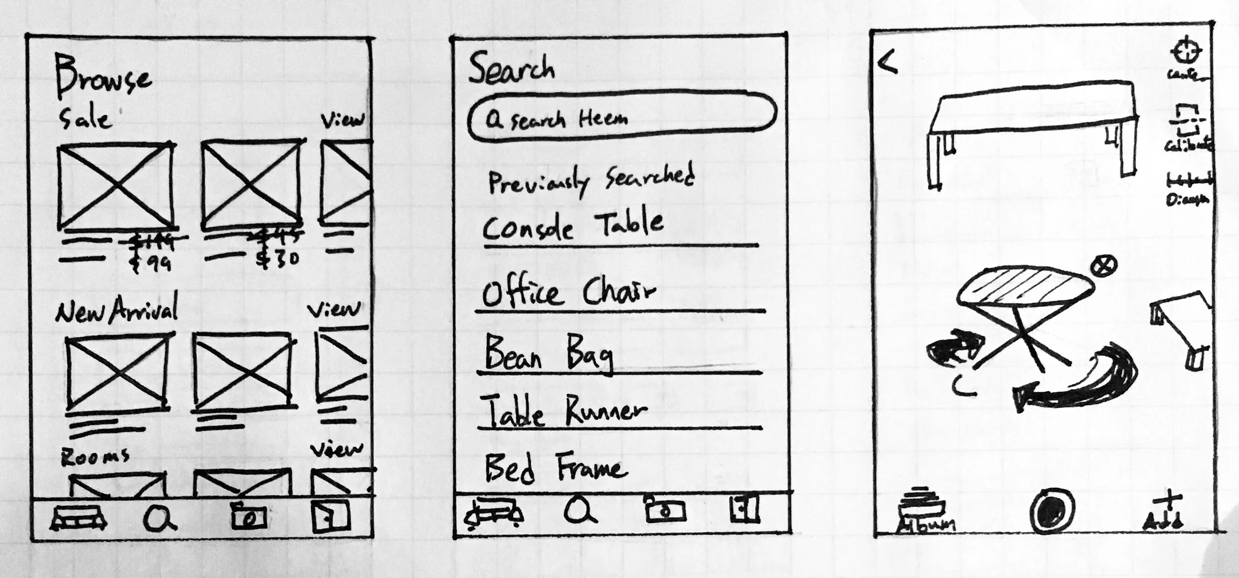 Wireframe for Browse, Search, and AR Camera