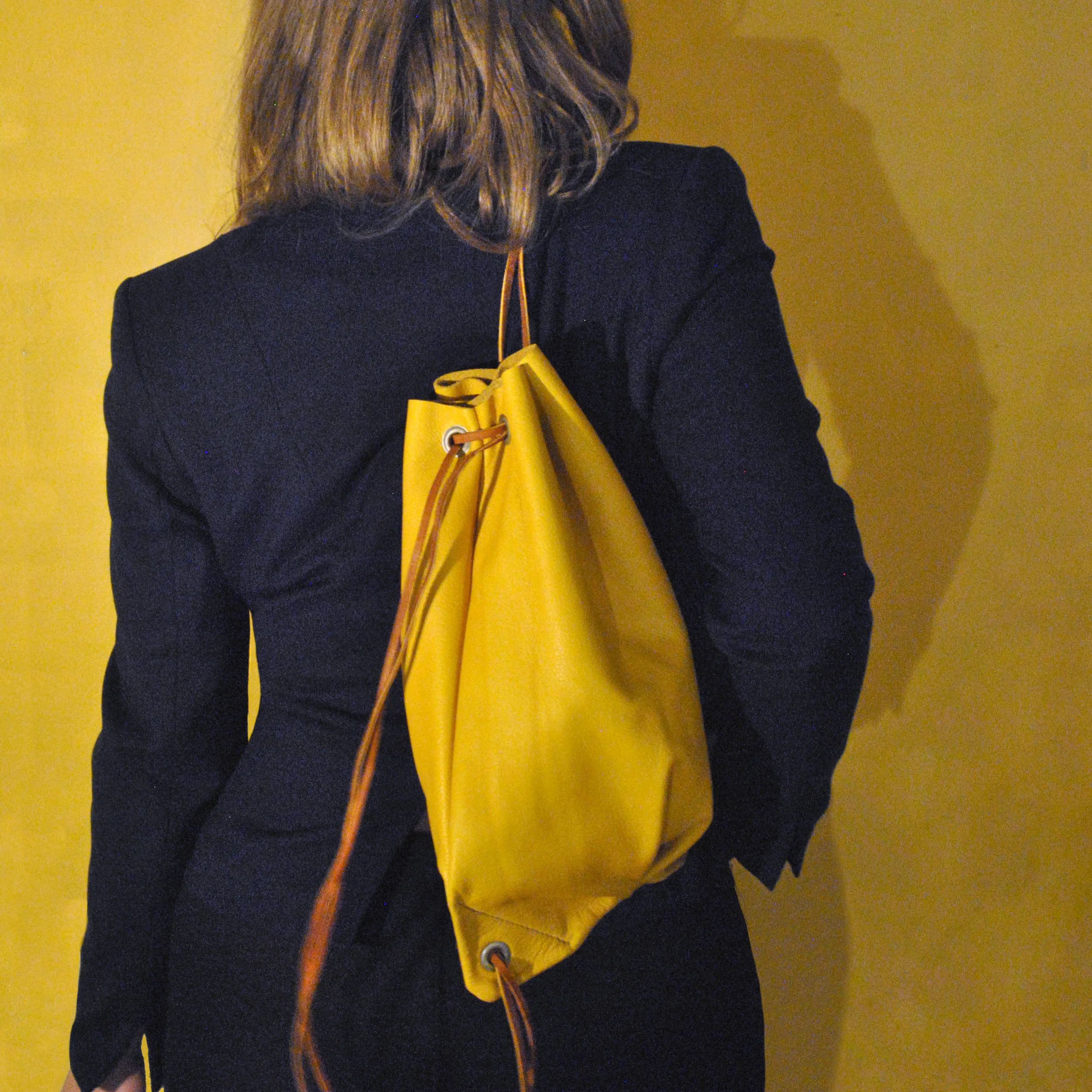 Yellow backpack, Small leather backpack, Womens backpack, Cinch bag, Drawstring bag, Hobo bag, Everyday purse, Classic purse, Festival Bag