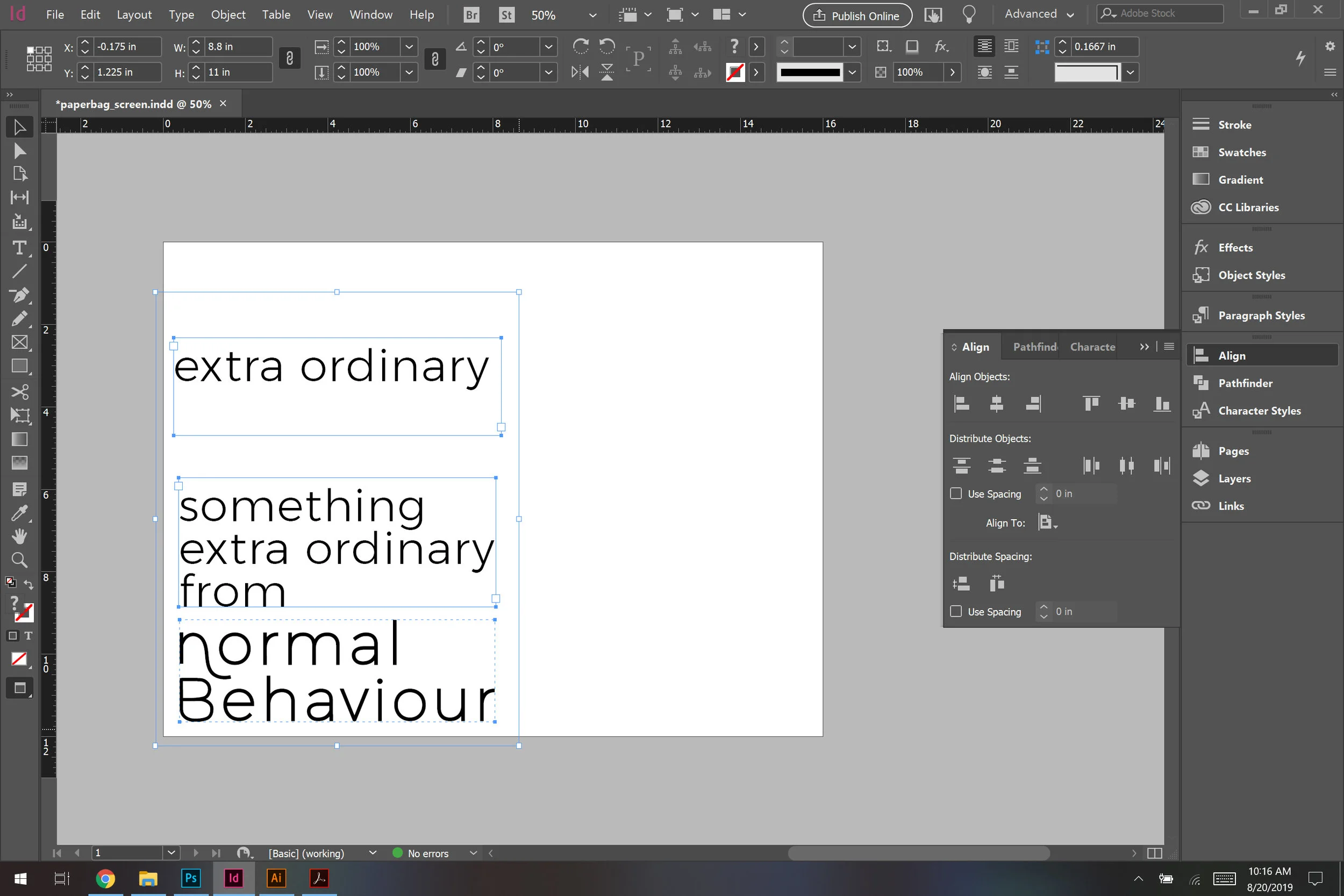My layout, in InDesign. The White is the bag, the blue outline is my 8.5” x 11” sheet constraints.