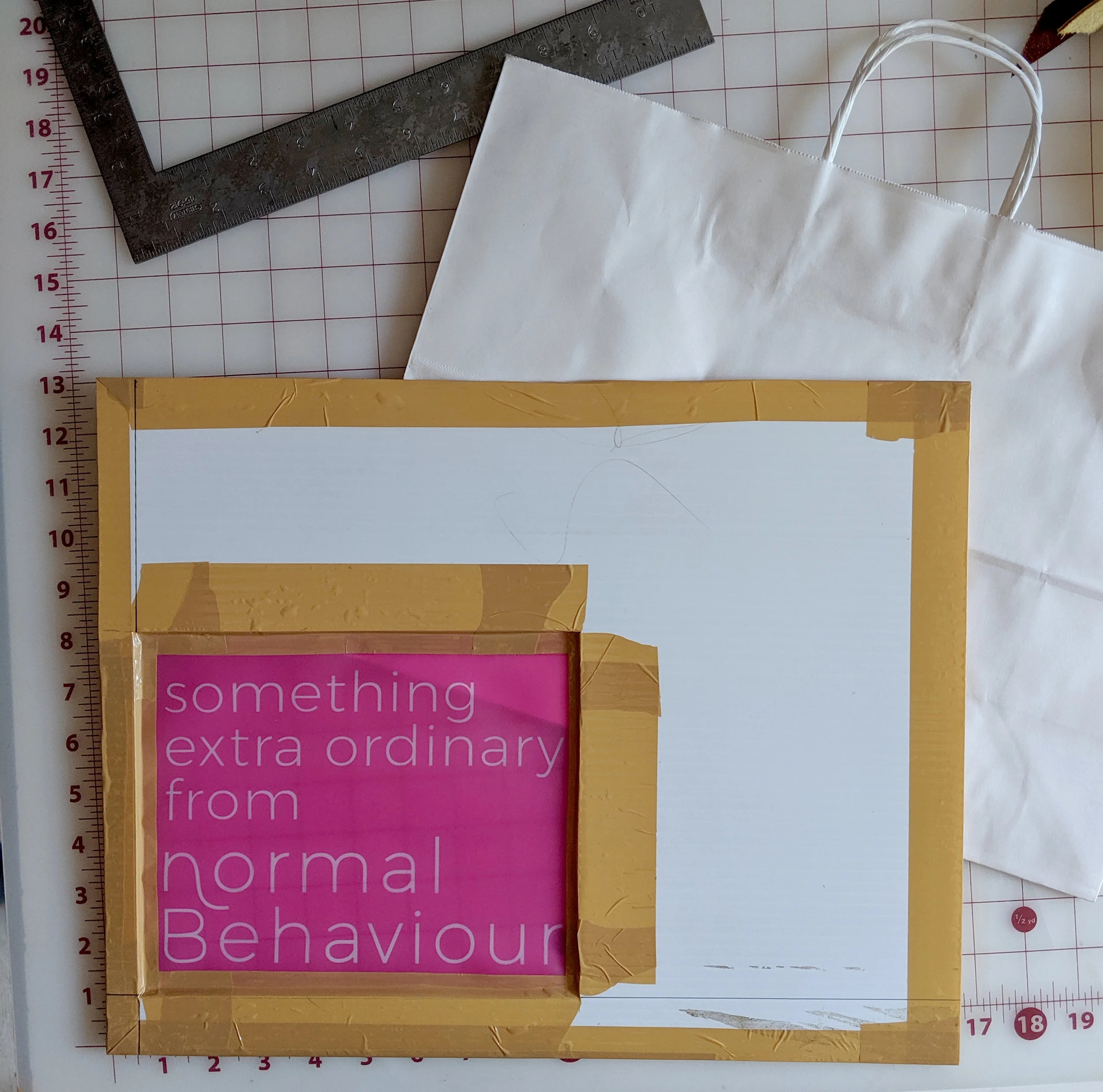 You’ll need more space on either left and right or top and bottom so you have space to lay the ink out when you do your pulls. Also, I sized it to line up with my large bag, just for ease of use, and because I had extra plasticor just lying around.