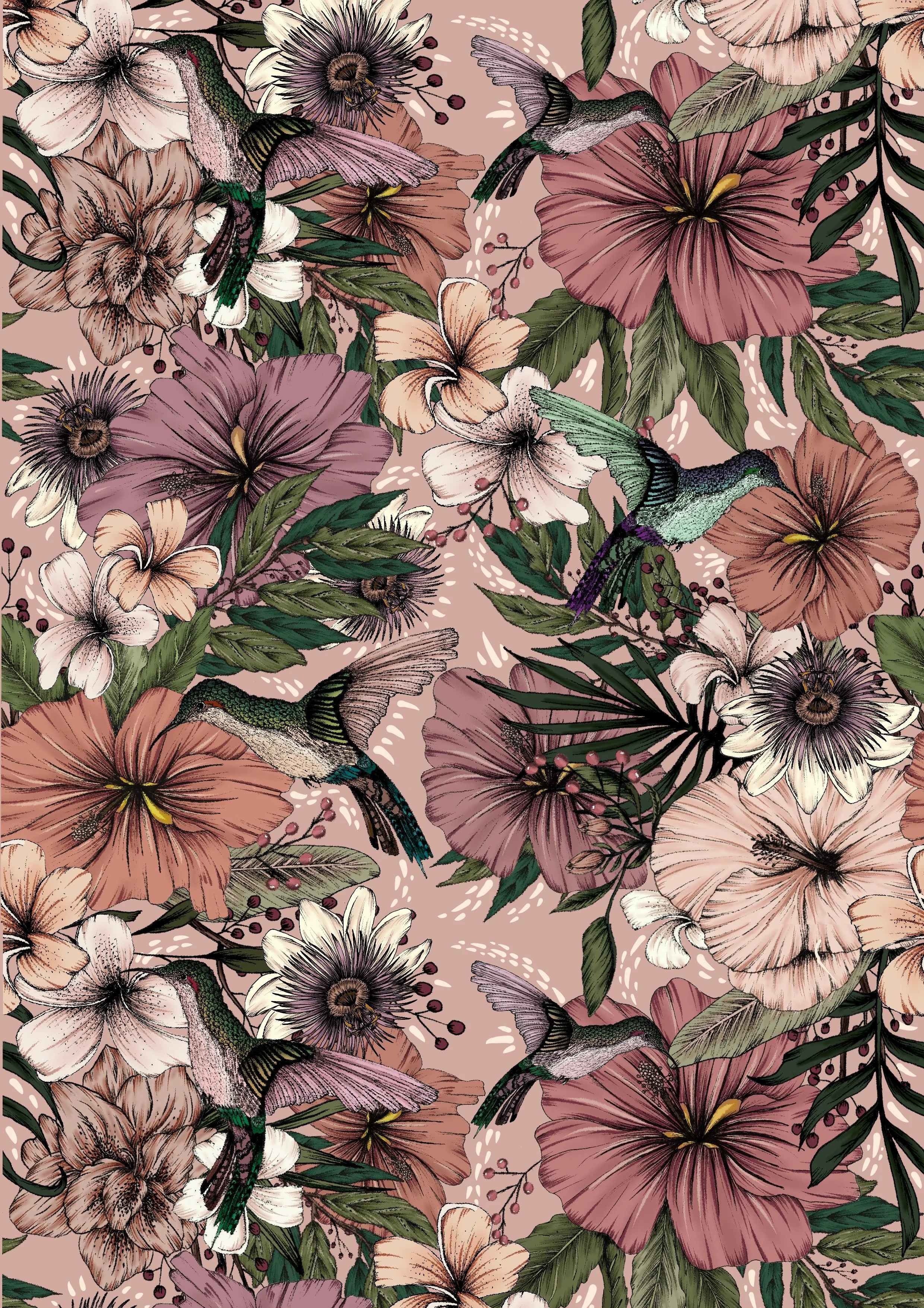 HUMMINGBIRD HIBISCUS | Repeat pattern design