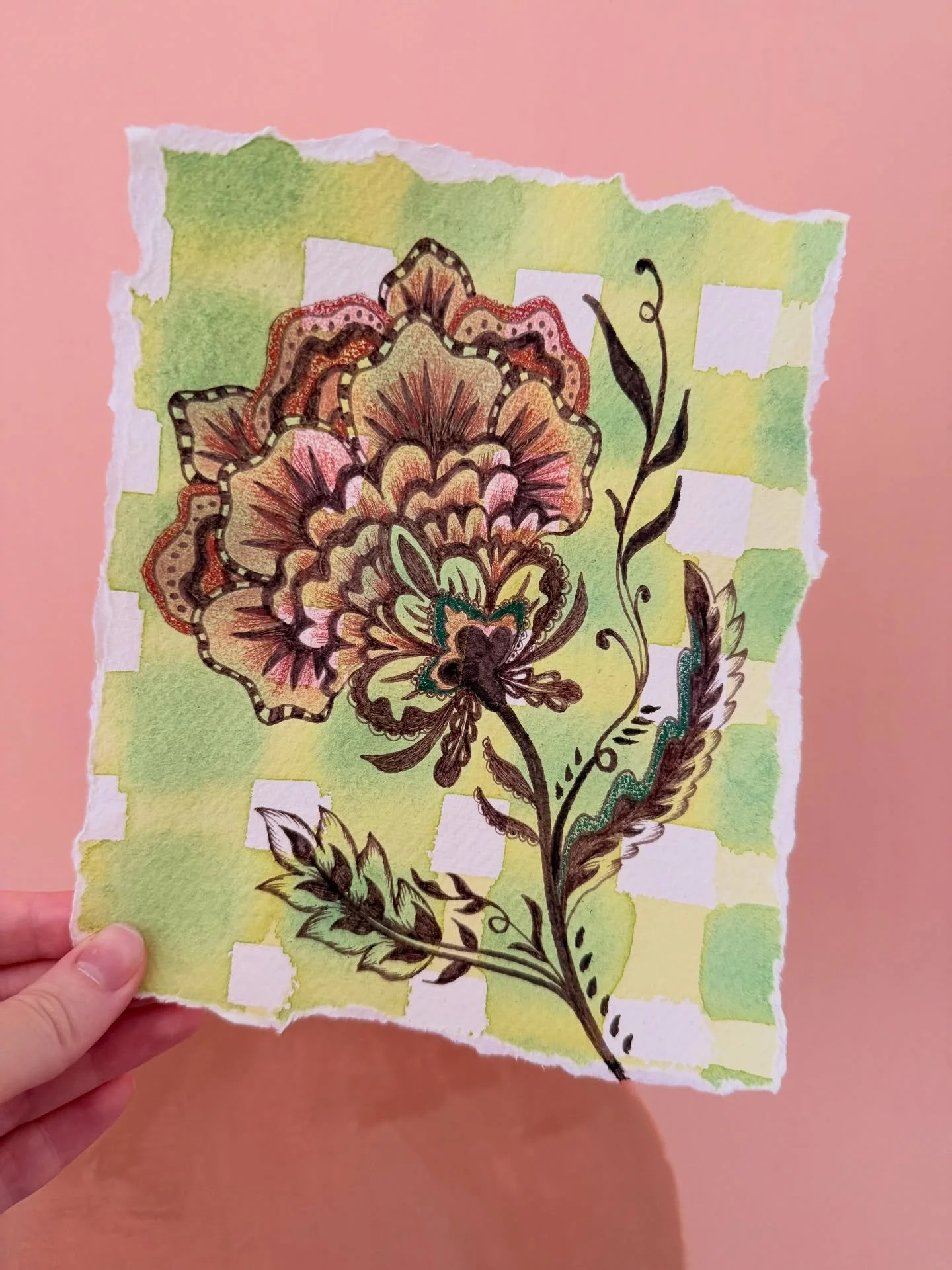 ✨ Day 4 of @peachtober is gingham ✨

I thought I&rsquo;d try painting a gingham style background using watercolour paints, on hand made paper for this one. 

Ended up drawing a paisley floral on top using sepia fineliners and adding a bit of colour w