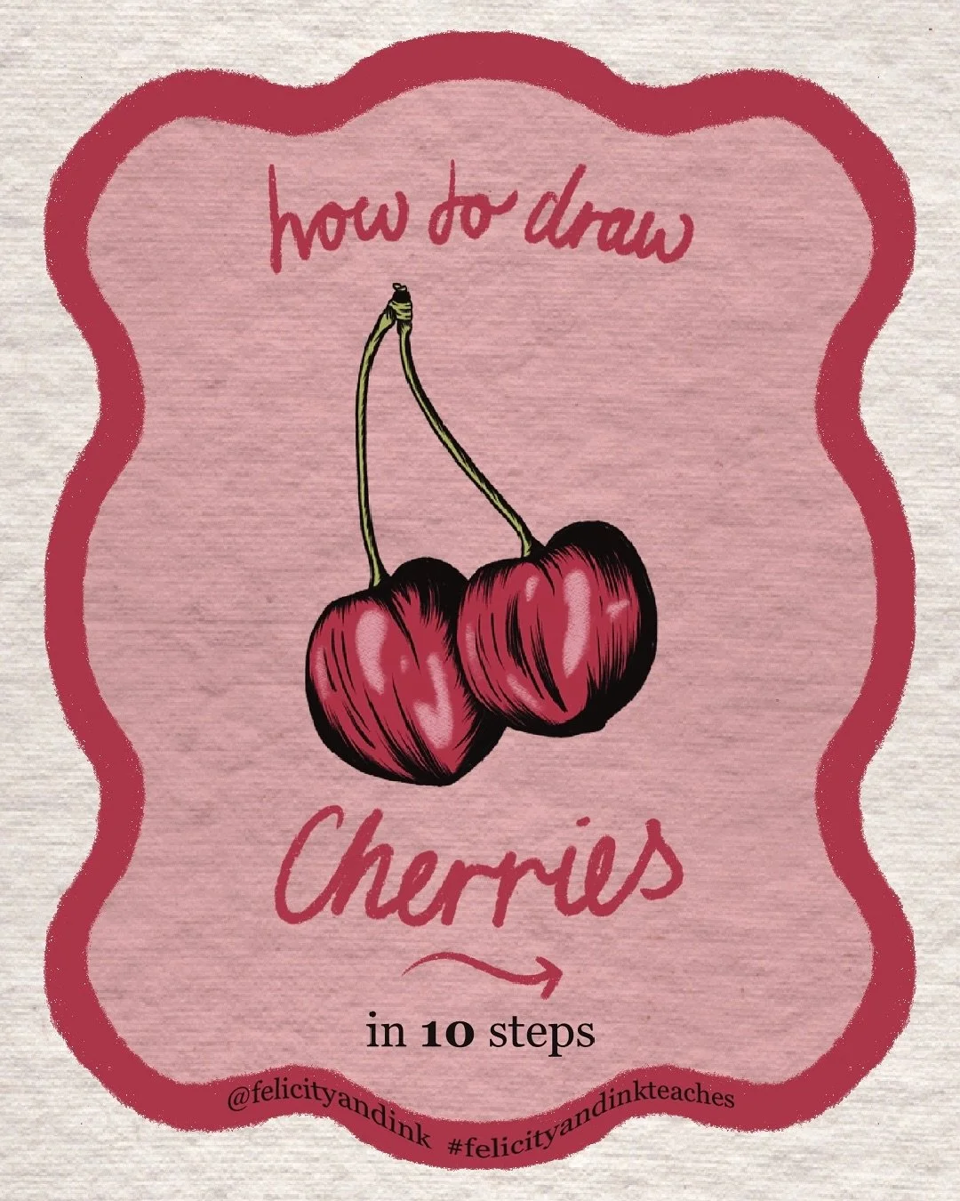 Learn how to draw a cherry in just 10 easy steps! 🍒

Draw the pink lines shown in each of the steps, then add some shading and colour if you fancy it. 

Taken from my &lsquo;How To Draw Fruit&rsquo; ebook, which includes this and 14 more step by ste