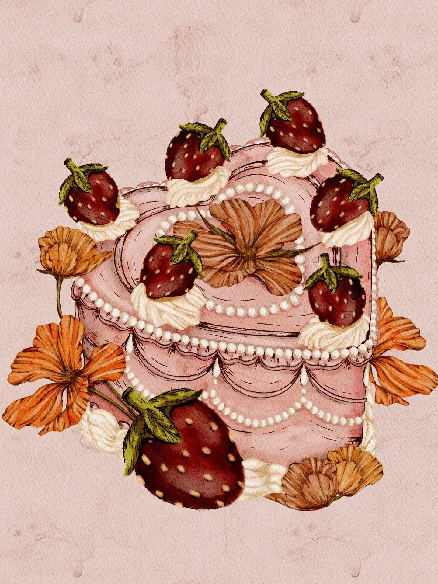 An autumnal strawberry refresh for my heart shaped cake, for day 7 of #peachtober 🍓 

#peachtober25
#peachtober25strawberry 

#procreatedrawings #procreateillustrations #heartshapecake #autumnart #cosyart