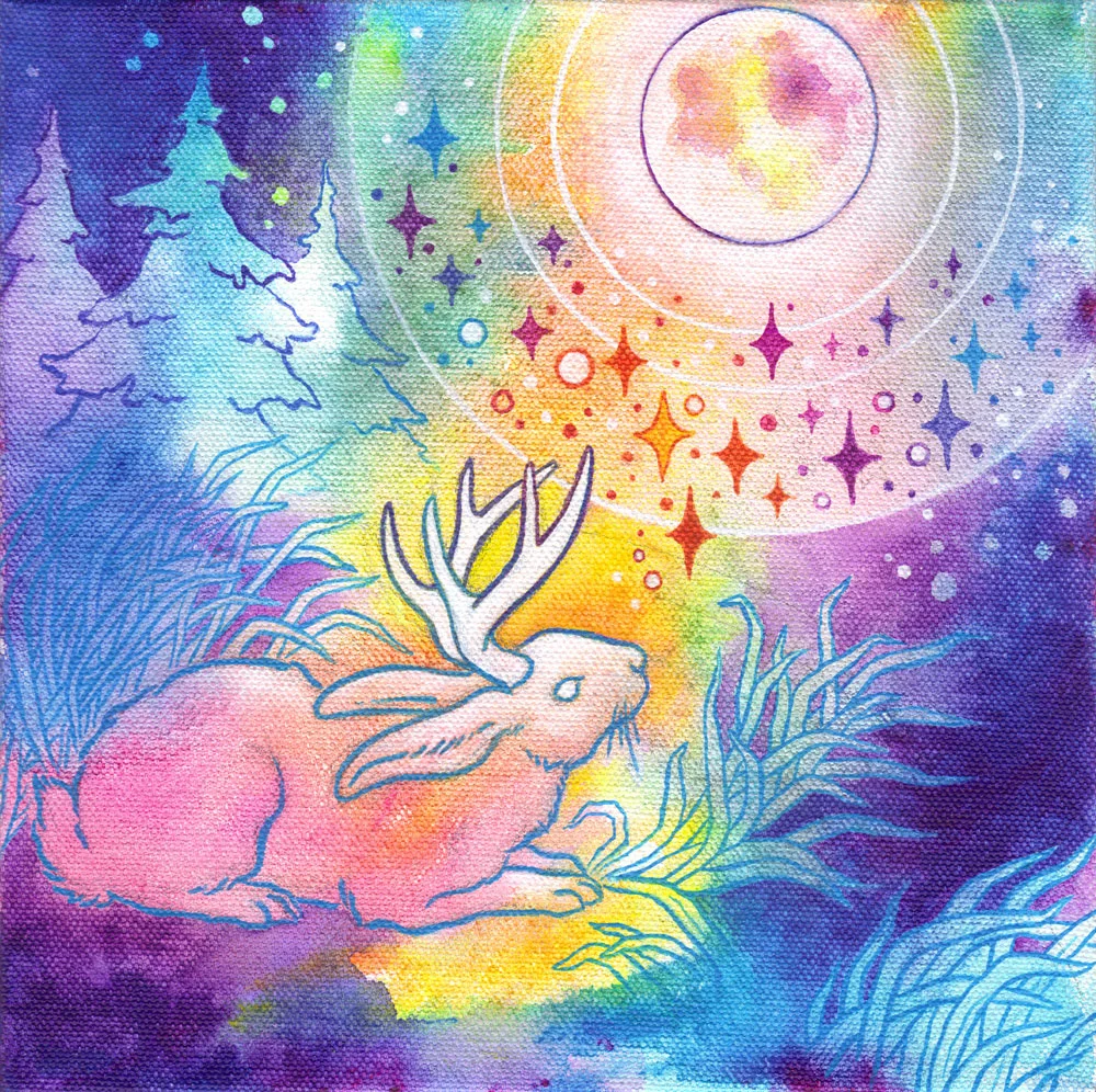 Jackalope of the Night Acrylic and glitter on canvas 8 x 8 inches 2016