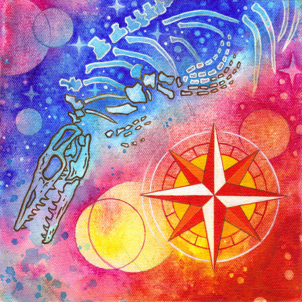 Under the Same Stars 2 (Mosasaur Dreams) Acrylic and glitter on canvas 8 x 8 inches 2016