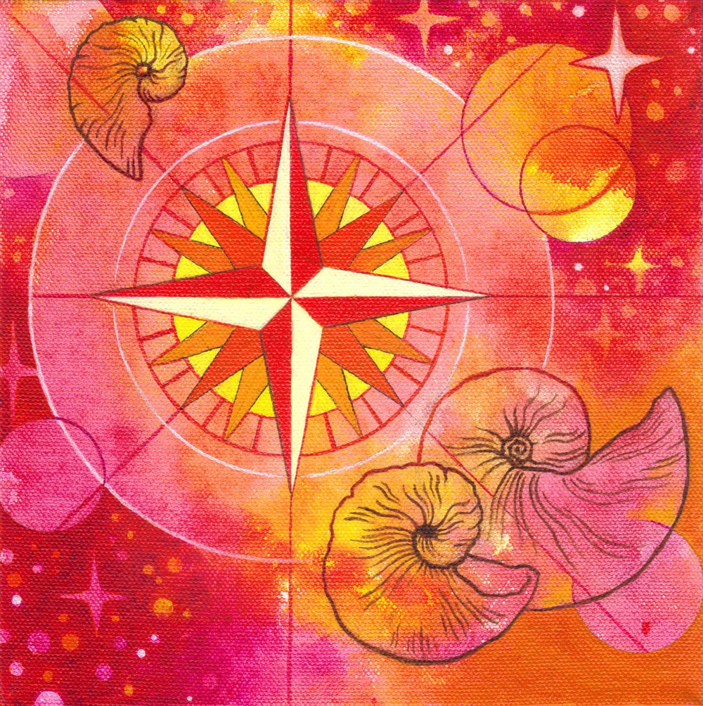 Under the Same Stars 1 (Ammonite Night) Acrylic, ink, and glitter on canvas 8 x 8 inches 2016