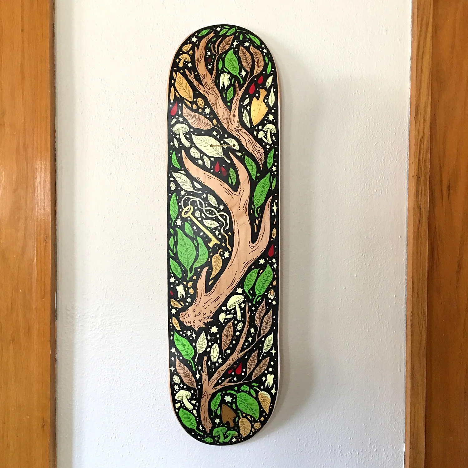Woodsman Acrylic & ink on wood skate deck 8 x 32 inches
