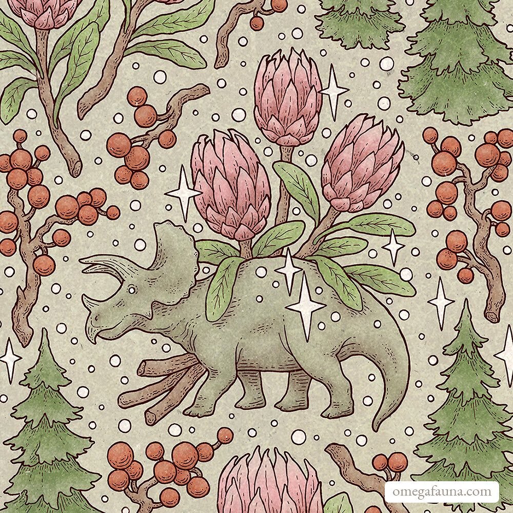 Another holiday botanical dinosaur from a few years ago: &ldquo;Holiday Triceratops&rdquo; | Ink on paper &amp; colored digitally ✨🌲🪷