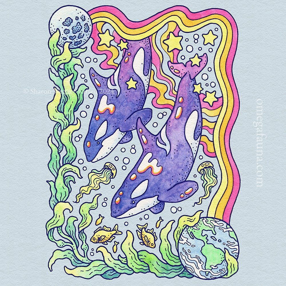 🌈 &ldquo;Orcas of Earth&rdquo; 🌎 Ink &amp; watercolor ⭐️
.
Art in celebration of planet Earth&rsquo;s ocean life, featuring neon orca whales in their kelp forest home. This one I created as a companion piece to another rainbows &amp; orcas themed w