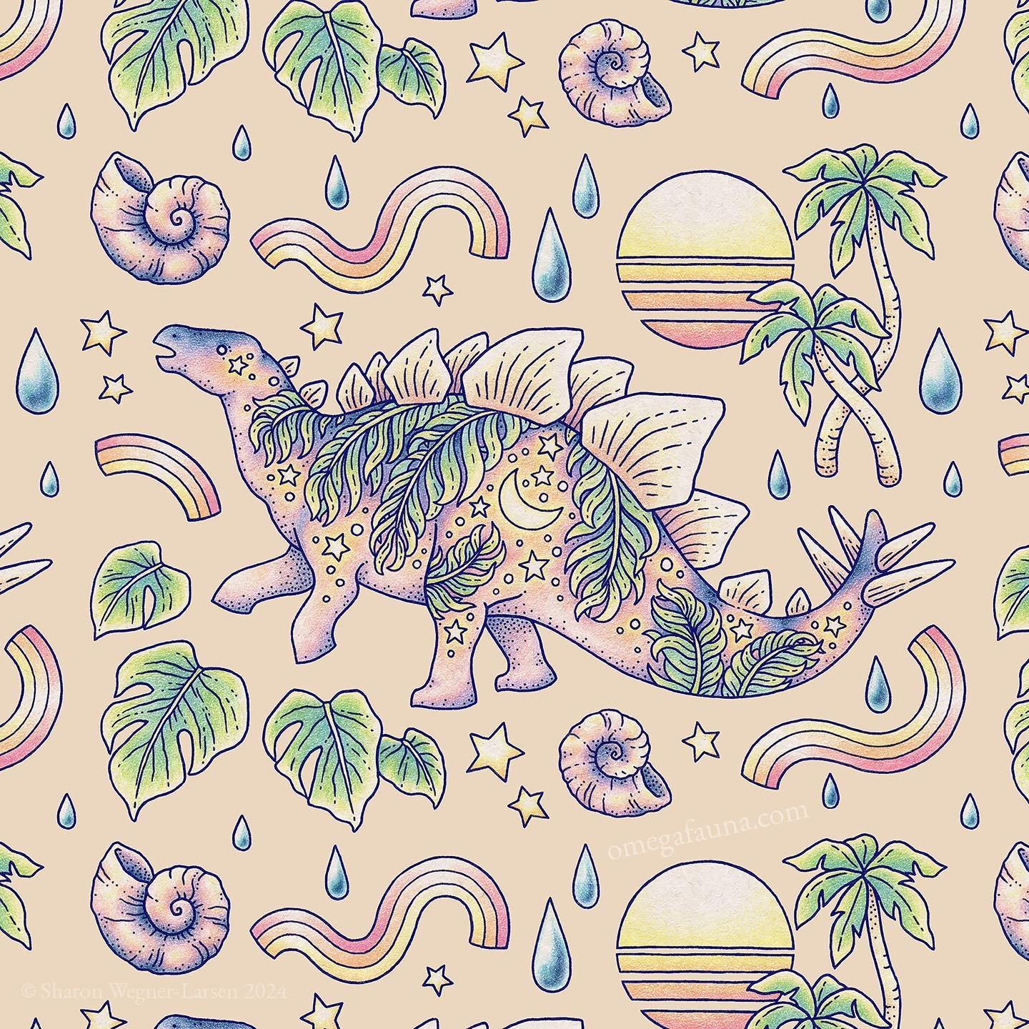 🌴 &ldquo;Jurassic Days, Jurassic Nights: Stegosaurus&rdquo; 🌴 Ink on paper &amp; colored pencil | 2024
.
I created this illustration as a coloring page for my Patrons first, then worked on adapting it to both a cut-out wall hanging shape &amp; a pa