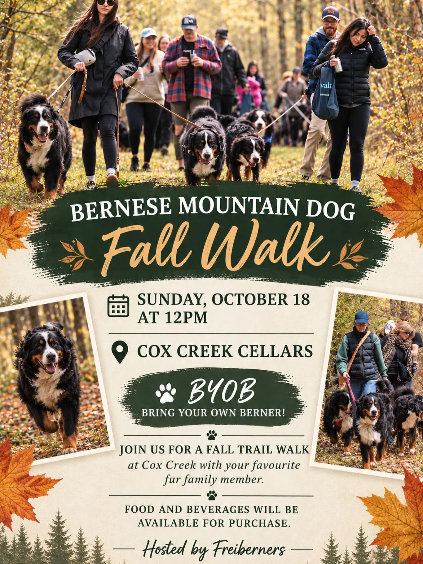 🍂🐾 BERNESE MOUNTAIN DOG FALL WALK! 🐾🍂

Fall is here, and we can&rsquo;t think of a better way to enjoy it than with a trail full of Berners! 🍁🐶

Join Freiberners for a beautiful fall walk at Cox Creek Cellars on:

📅 Sunday, October 18
⏰ 12:00 