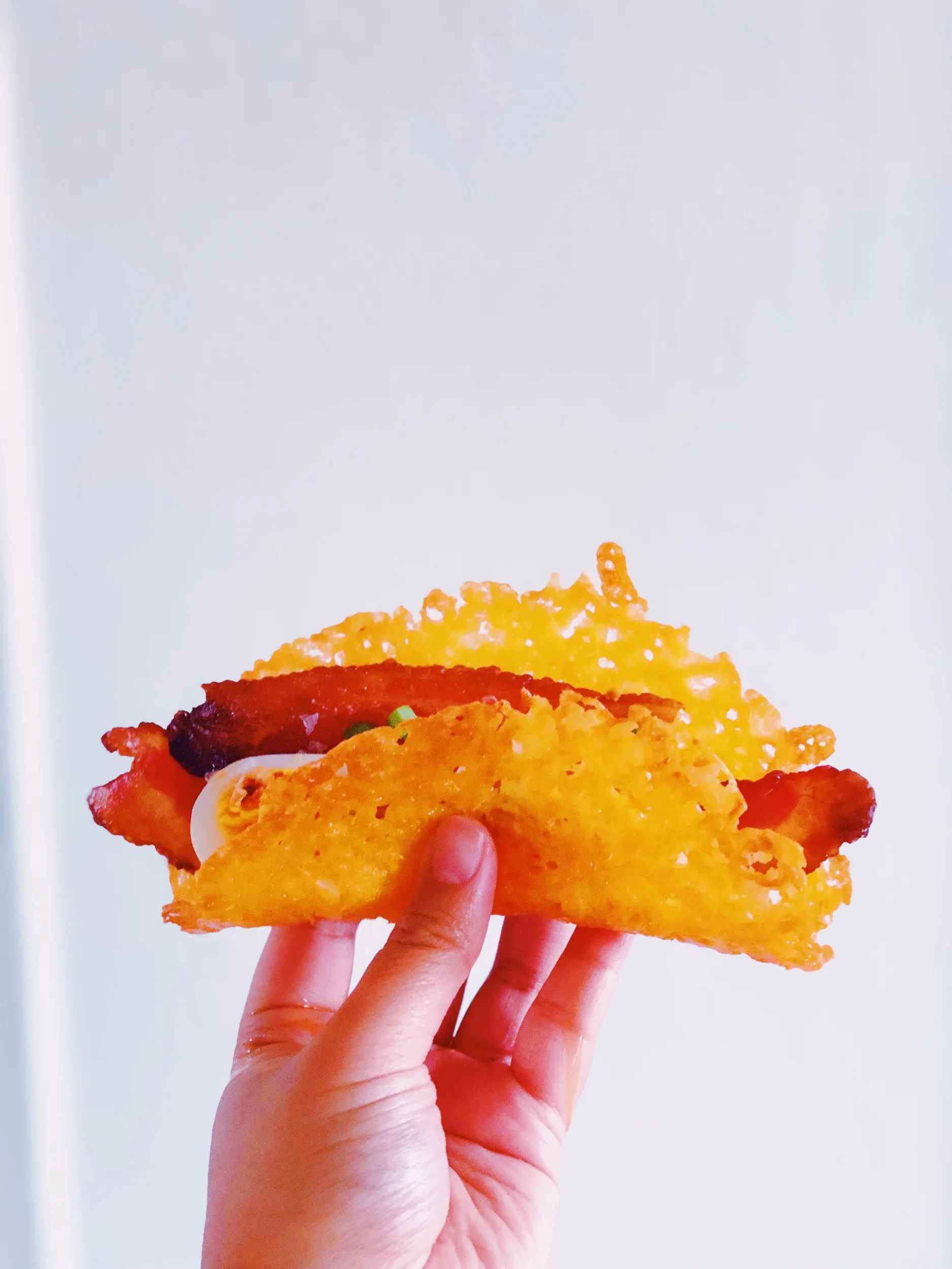 Breakfast Cheese Shell Tacos with Steamed Eggs and Bacon