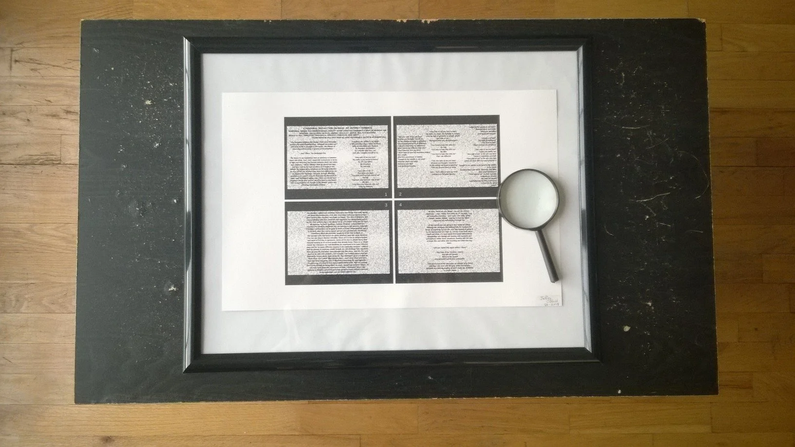 Peripheral Visions digital story episode reworked as an 11 x 17 in poster with magnifying glass, retitled as A Personal Reflection on Race. 1st place prize winner at 2018 Artworks Trenton Member’s Exhibition.