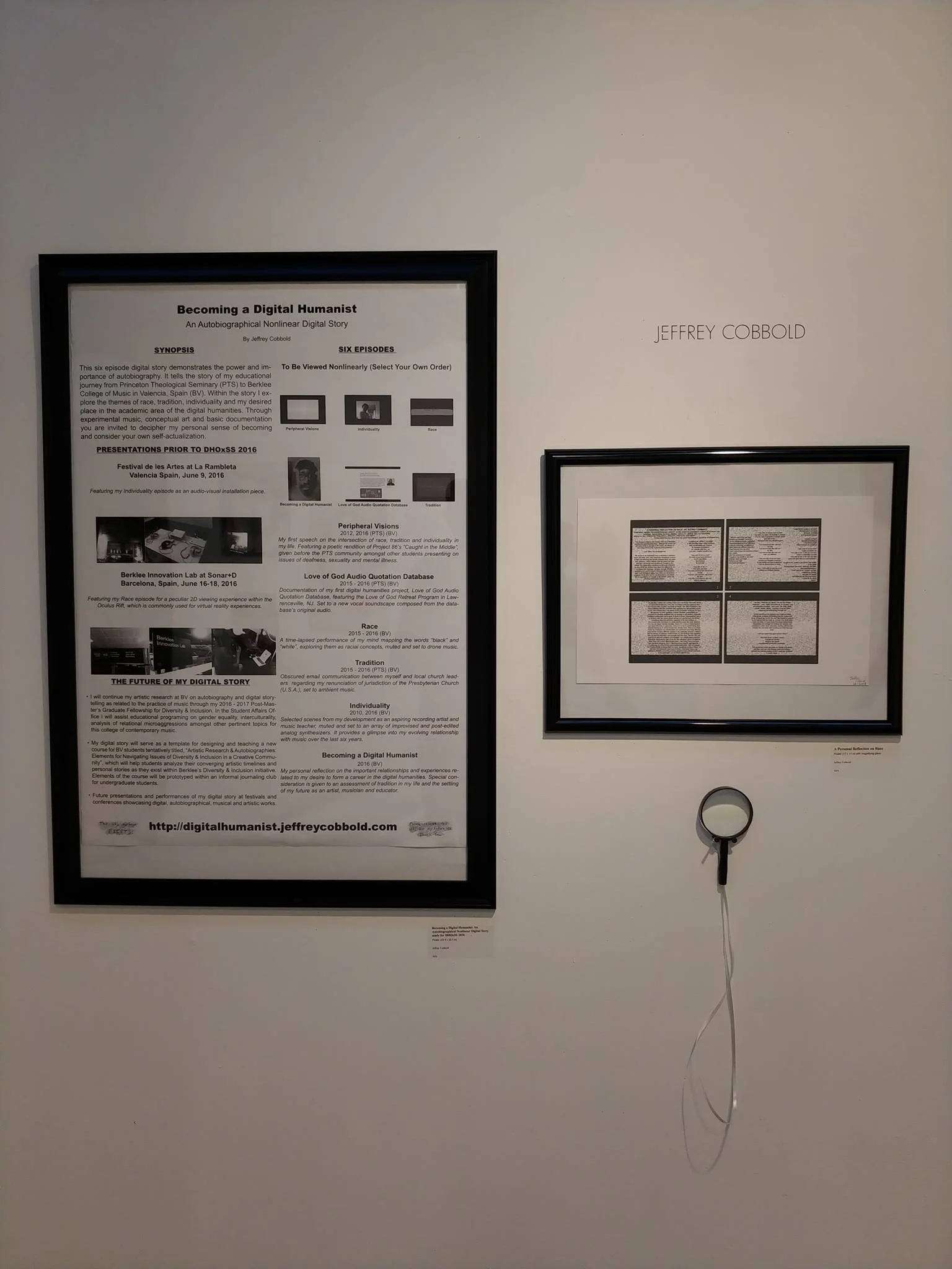 Gallery photo of the posters Becoming a Digital Humanist: An Autobiographical Nonlinear Digital Story for DHOxSS 2016 (left) and A Personal Reflection on Race (right) at Artworks Trenton, Trenton, New Jersey. December 2018