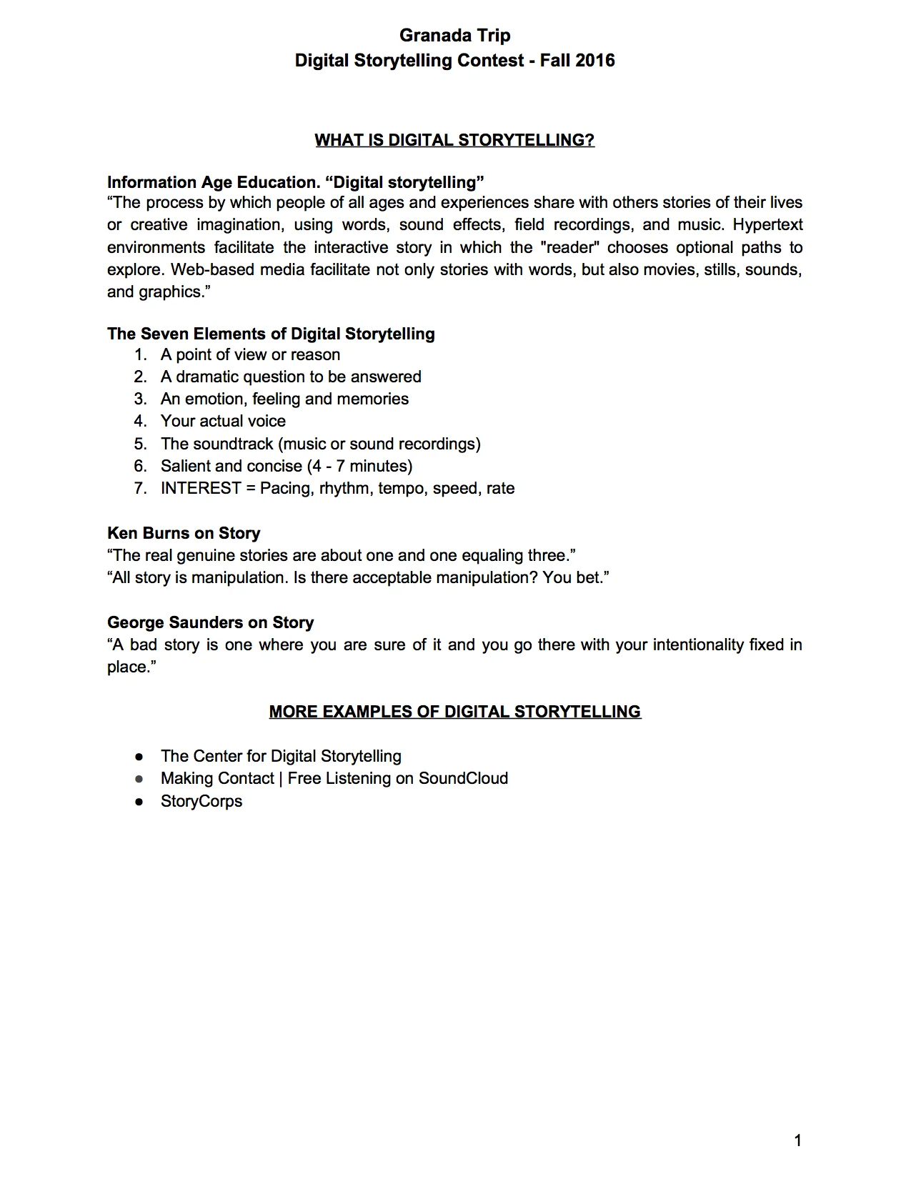 Page 1 from a theoretical digital storytelling contest for a group trip to Granada, Spain. This document is the genesis for the subsequent research materials in Granada .