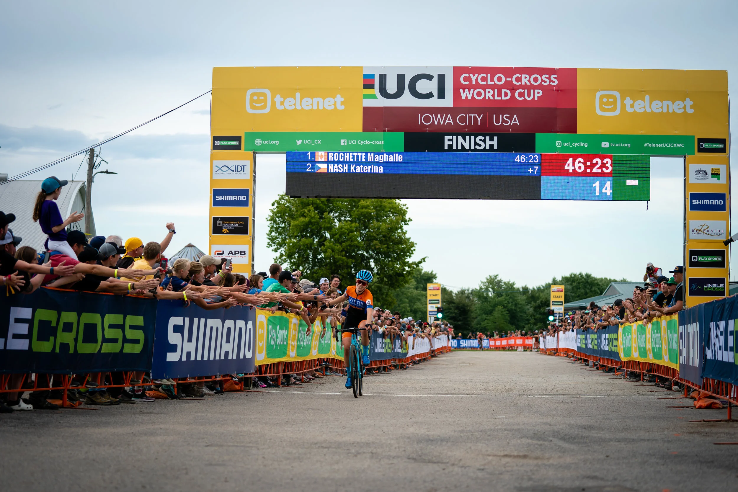 Clara crossing the line for 3rd place at the 2019 Jingle Cross World Cup—her first World Cup podium.