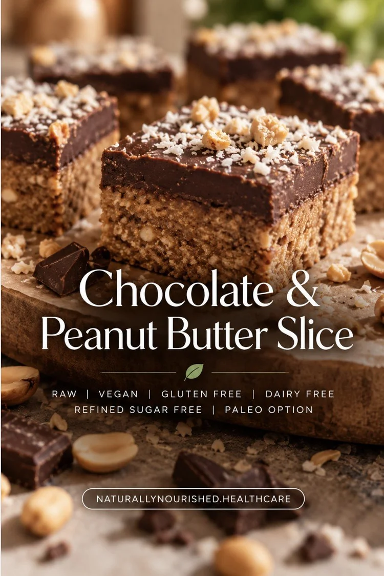 Chocolate & Peanut Butter Slice. Raw, vegan, gluten free, dairy free, refined sugar free, paleo option
