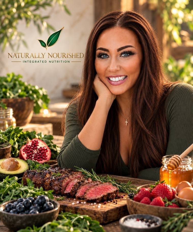 Corinne Johnson, clinical nutritionist, with a table of whole foods