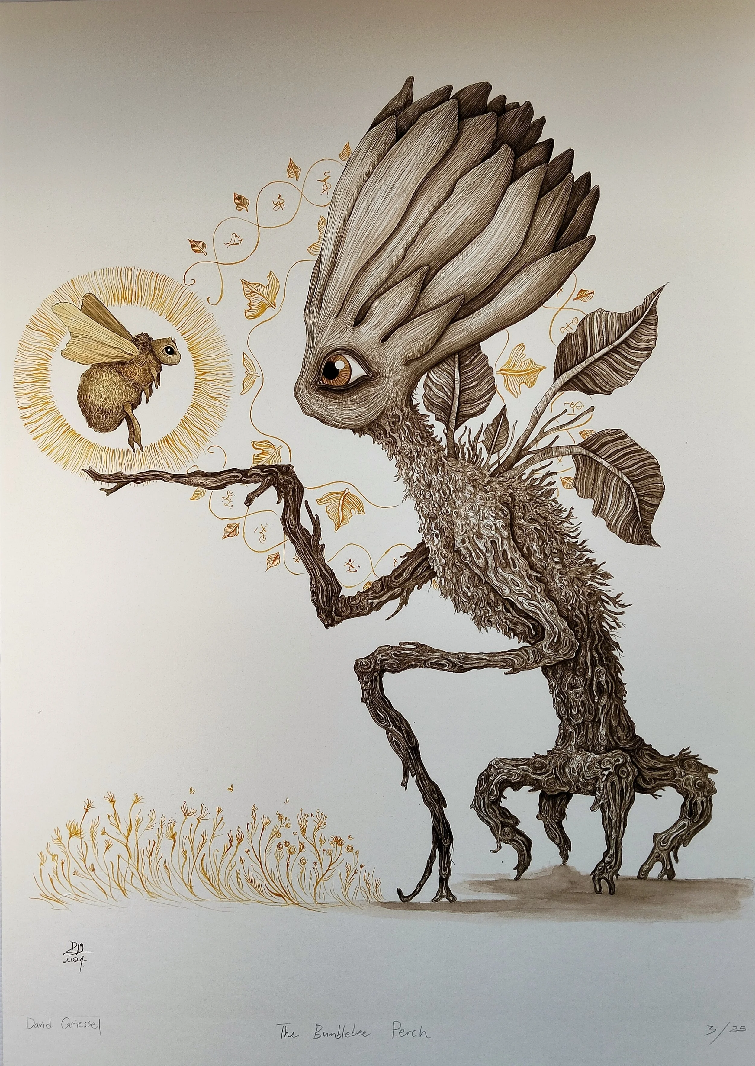 Hand Embellished Bumblebee Perch Print (A2) 