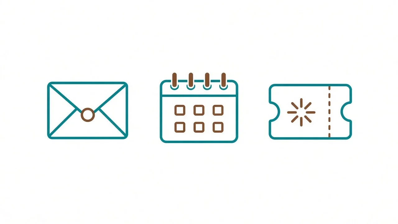 Envelope, calendar, and ticket icons
