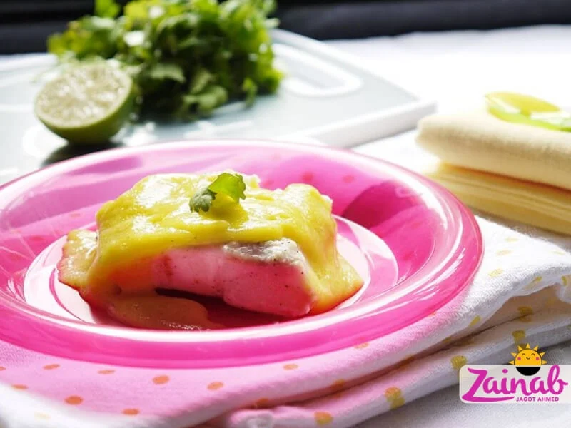 Tilapia with Mango and Lime Sauce - Dairy-free, Gluten-free baby led weaning curry recipe. Baby led weaning food idea. Baby food fish recipe