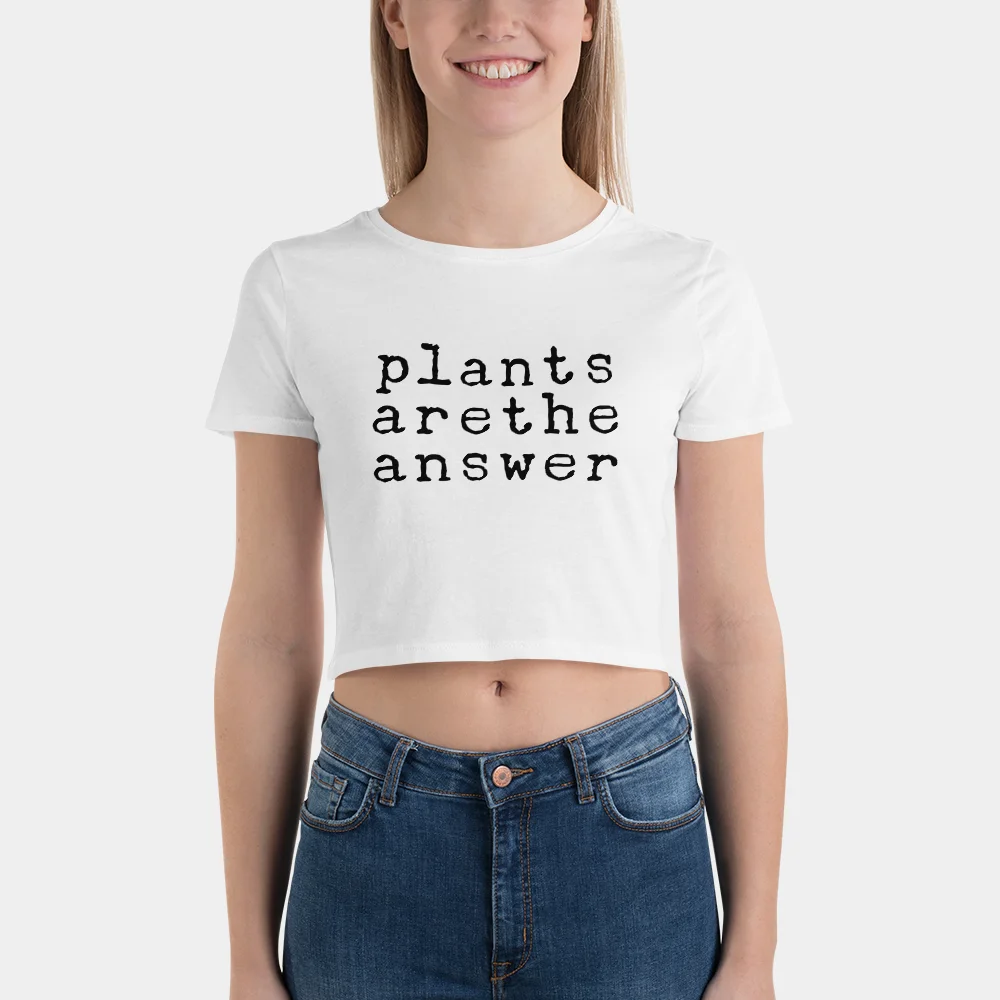 plants are the answer vegan crop top t-shirt white. Plant based crop top t-shirt.