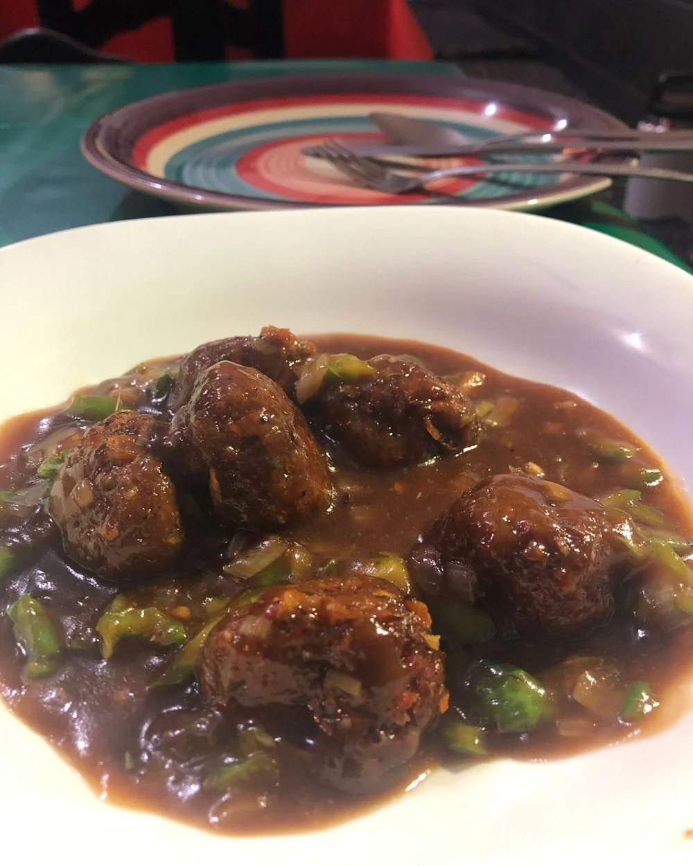 Vegan veggie samosas with gravy, otherwise known as the manchurian, from Mini Taj in Oaxaca City.