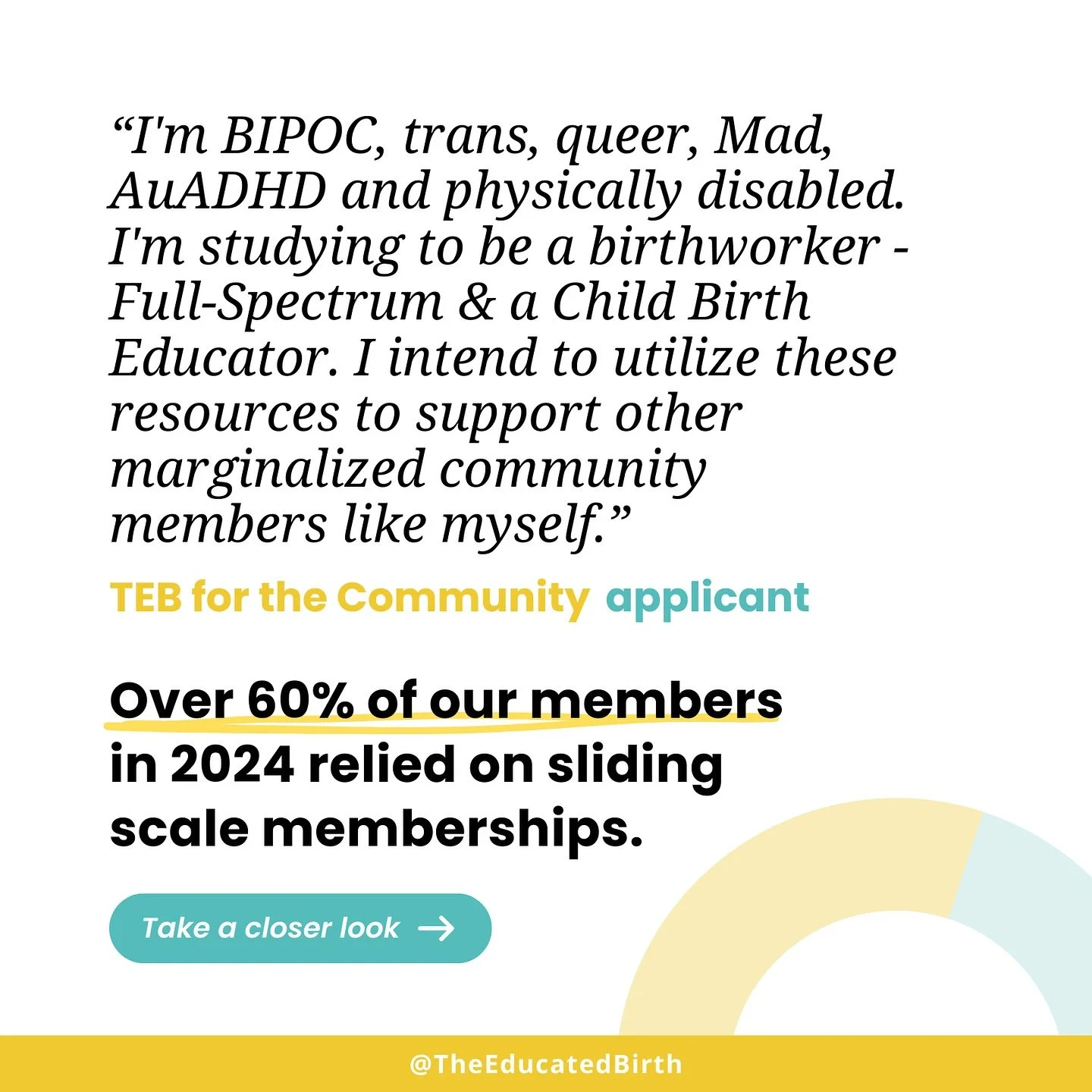 Over 60% of our members in 2024 relied on sliding scale pricing for their memberships.

Over 80% of our TEB for the Community sliding scale applicants request a $20/month discount, with 65% reporting they frequently stress about and don&rsquo;t alway