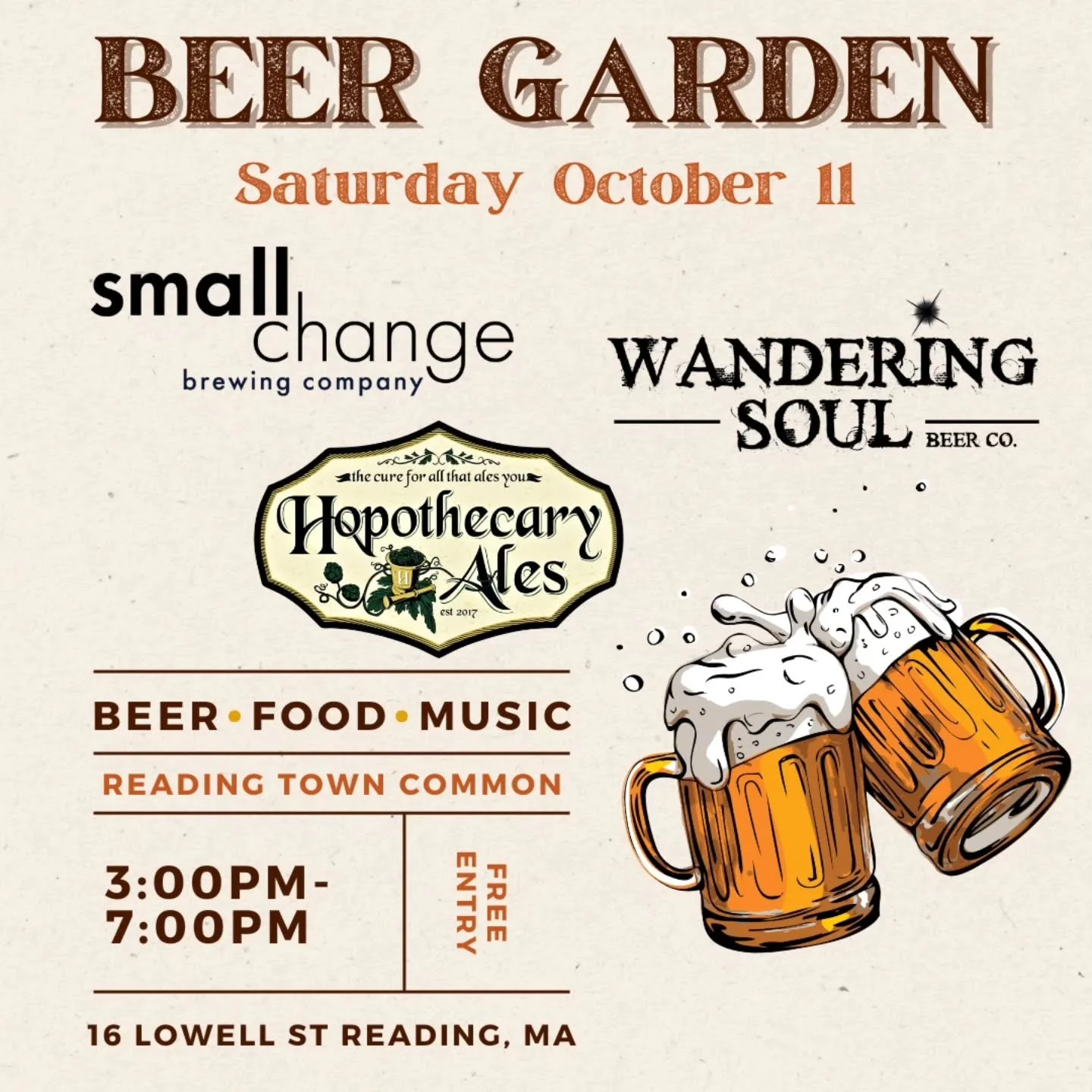 We'll be at the Reading Town Common Beer Garden on Saturday, October 11! Family-friendly, free to attend, and pay as you go for beer and food!