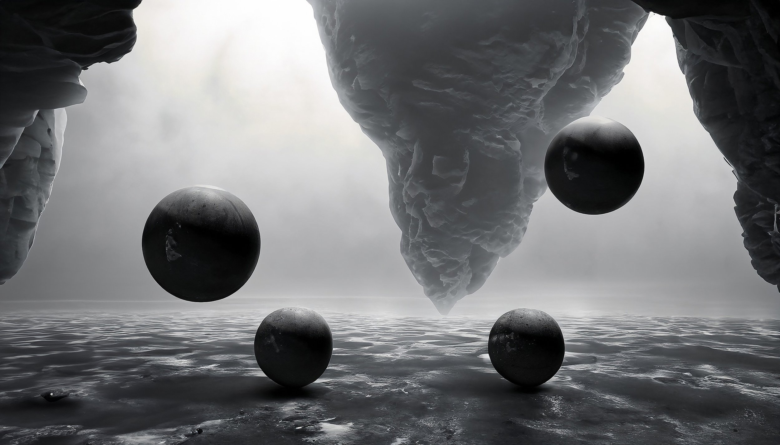 Firefly smooth black concrete marble spheres levitate over foggy crystal caves, structures submerge .jpg