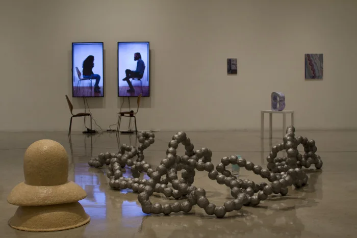 Installation View from “Are Friends Electric” at Claremont Graduate University, Peggy Phelps Gallery, 2014 – featuring artwork (left to right) by Nancy Lupo, Jay Erker, and Rema Ghuloum) Photo Courtesy Manual History Machine.