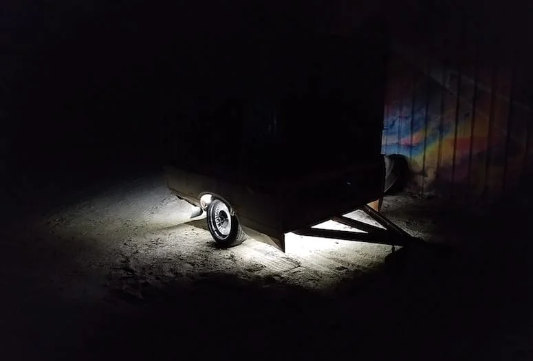 Chris Sanchez, aka Kas Infinite, brings found materials to his sculptural installation like a derelict trailer.