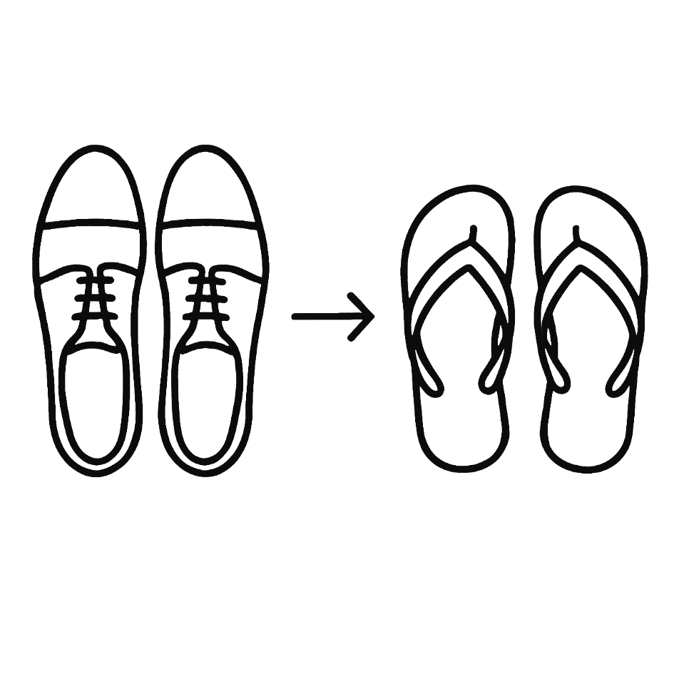 Line drawing showing transition from lace-up dress shoes to flip-flops