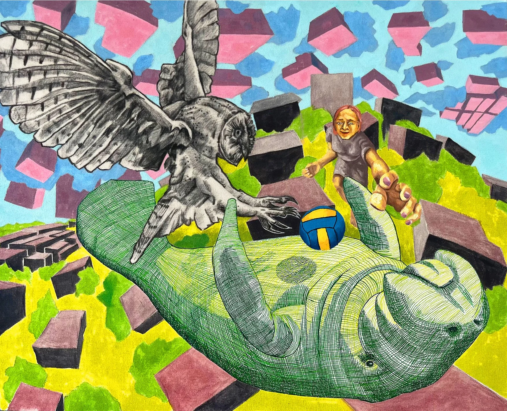 Water Polo, 2025, Oil, charcoal and shellac ink on canvas, 35" x 28"