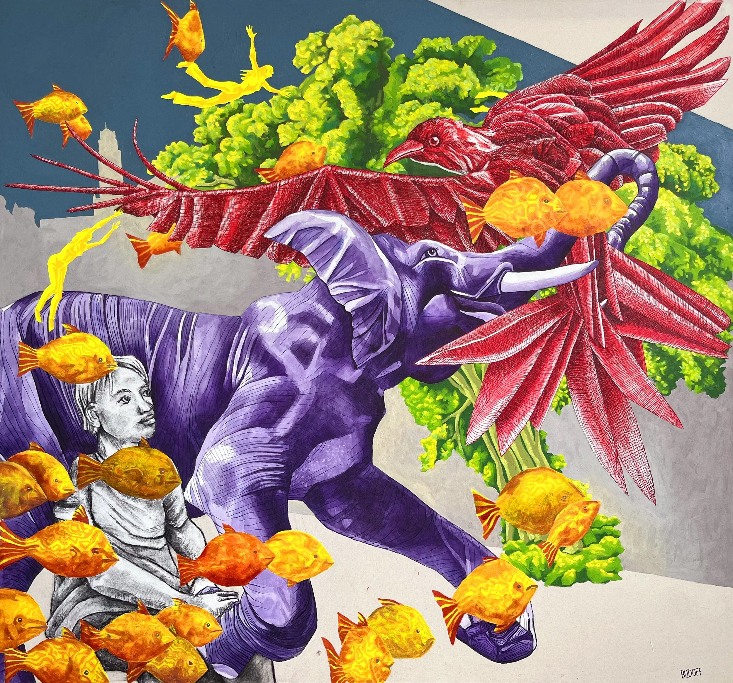 On the Red Crow's Passion, 2026, Oil, Shellac ink, Arylic and charcoal on canvas, 60" x 68"